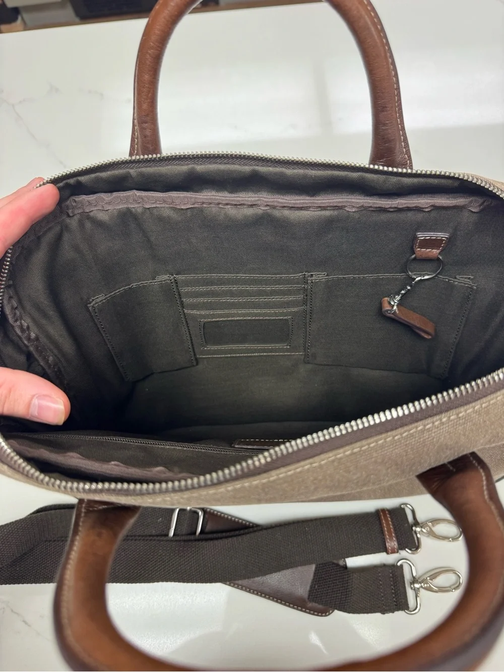 Bosca Taupe Canvas Briefcase with Brown Leather Trim